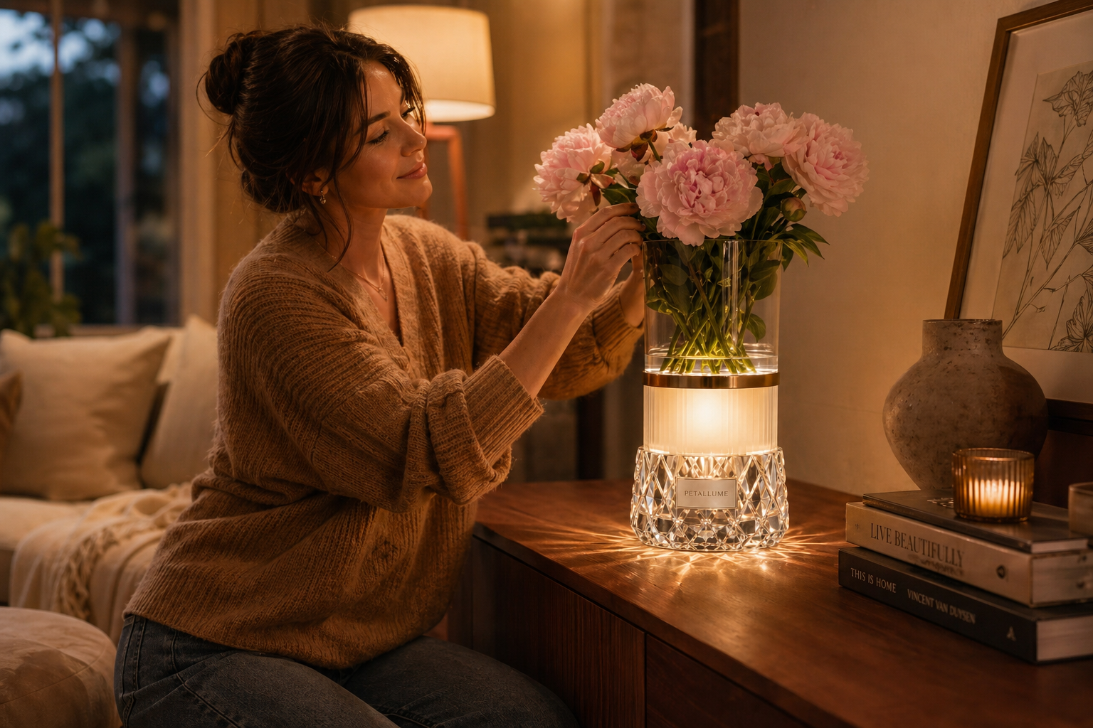 Lifestyle scene with Petallume vase lamp and flowers