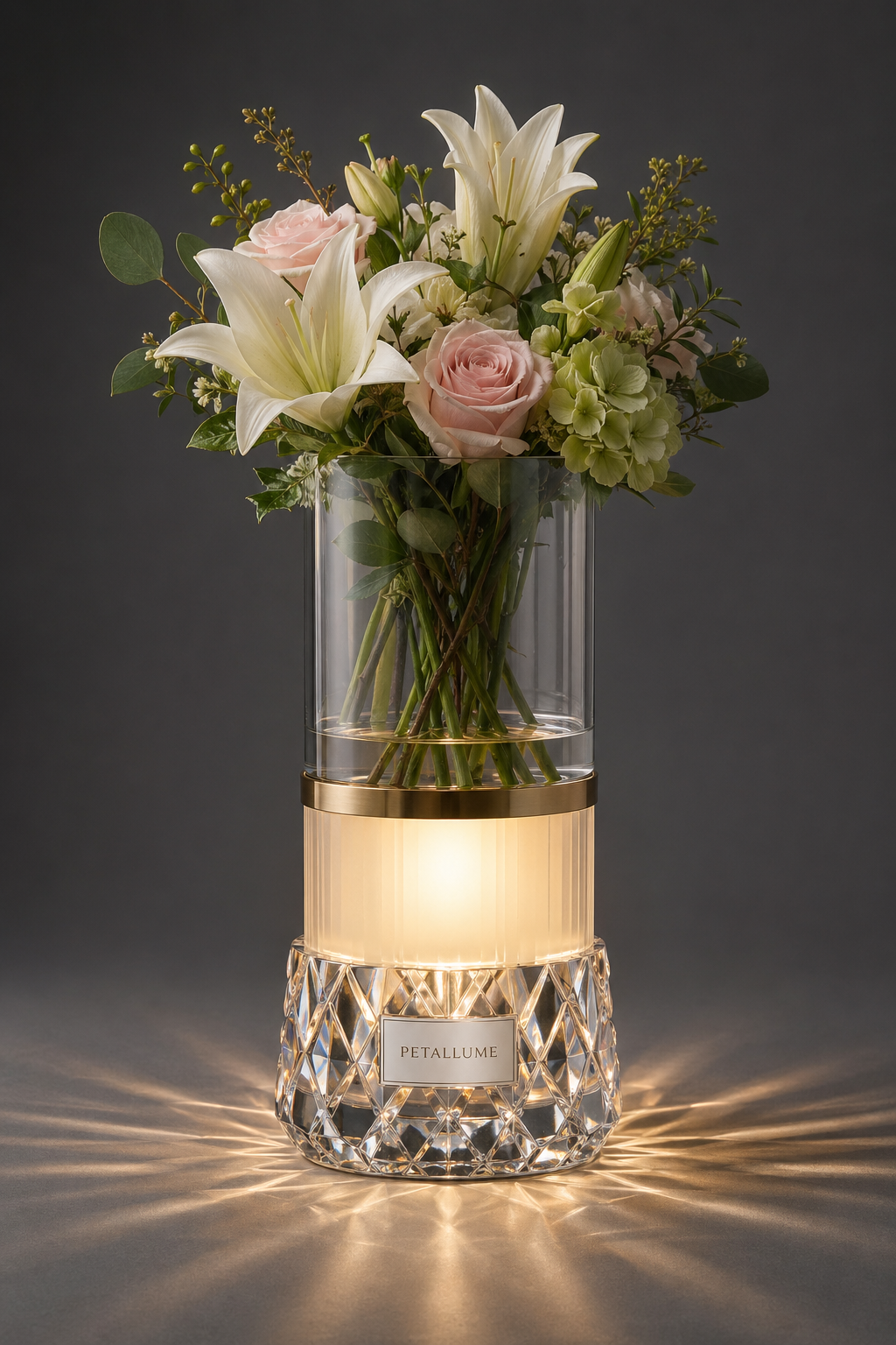 Velora Petallume vase lamp with glass upper vase and glowing faceted base